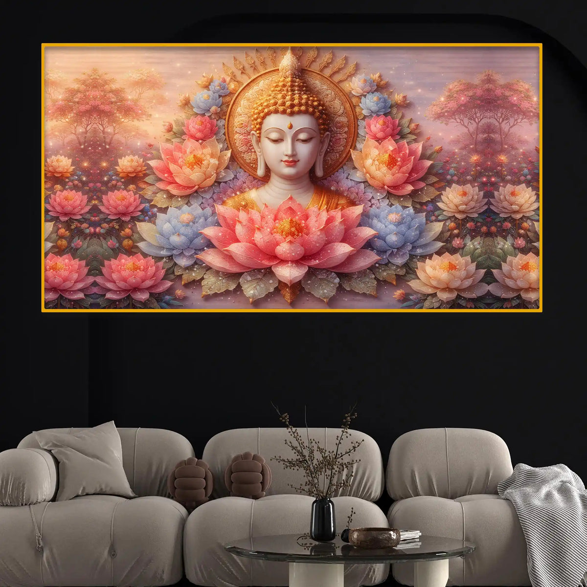 Divine Buddha Floral Crystal Glass Painting for Bedroom Décor