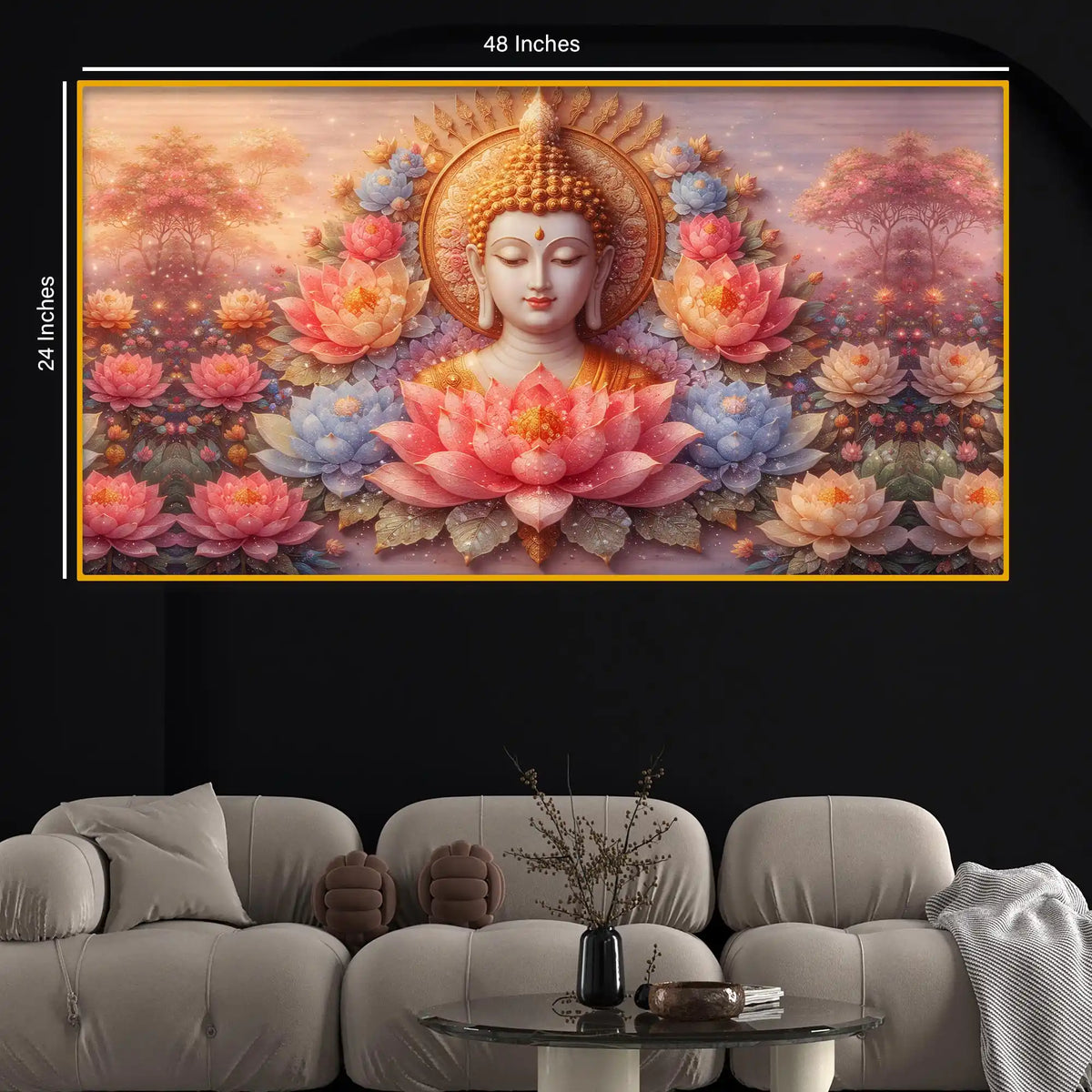 Divine Buddha Floral Crystal Glass Painting for Bedroom Décor