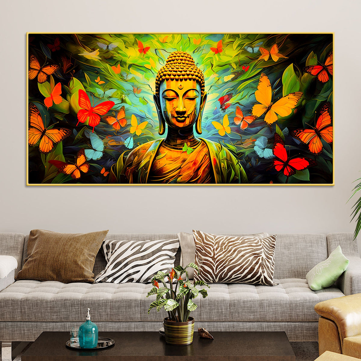 Divine Buddha Wall Painting with Butterfly & Green Nature Theme