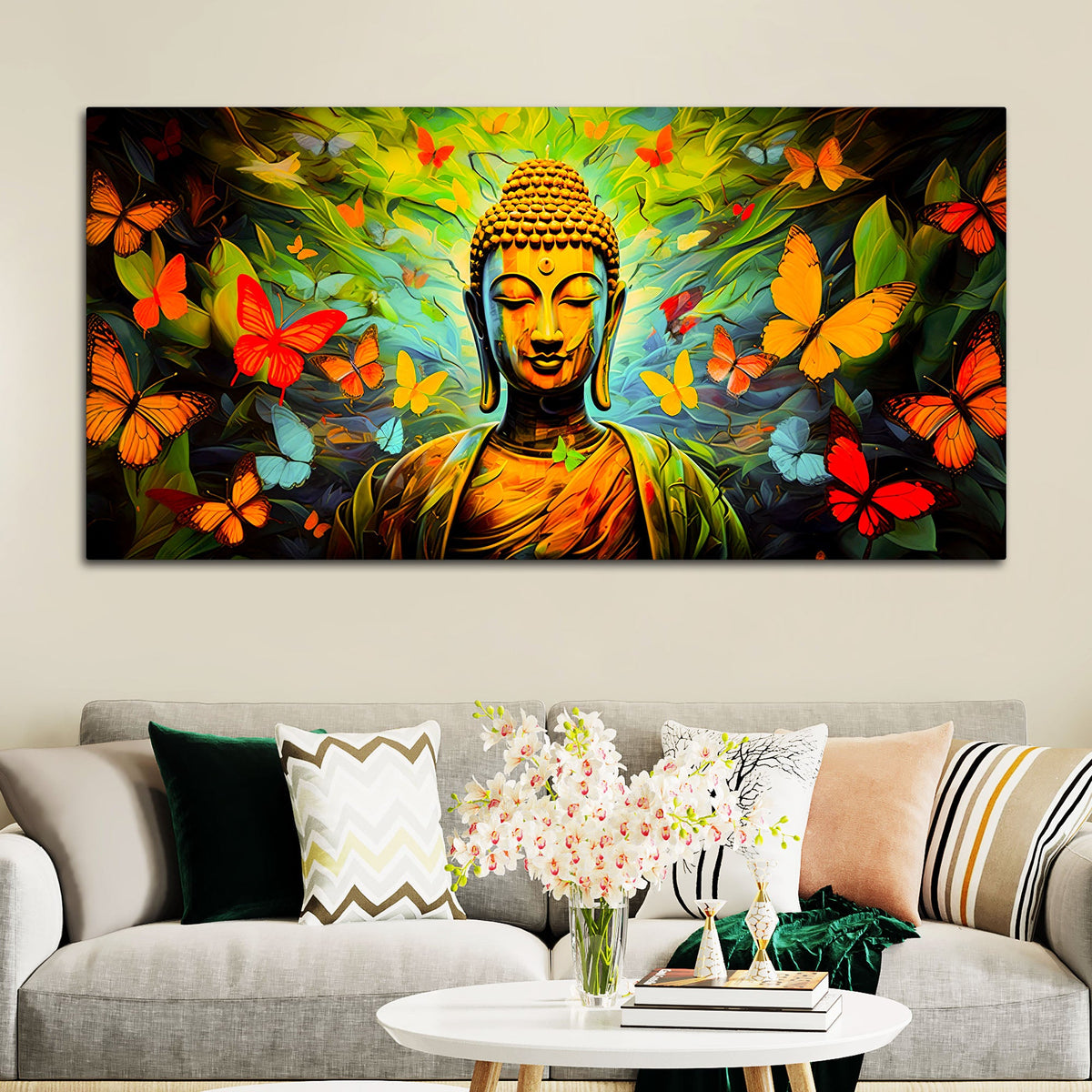 Divine Buddha Wall Painting with Butterfly & Green Nature Theme