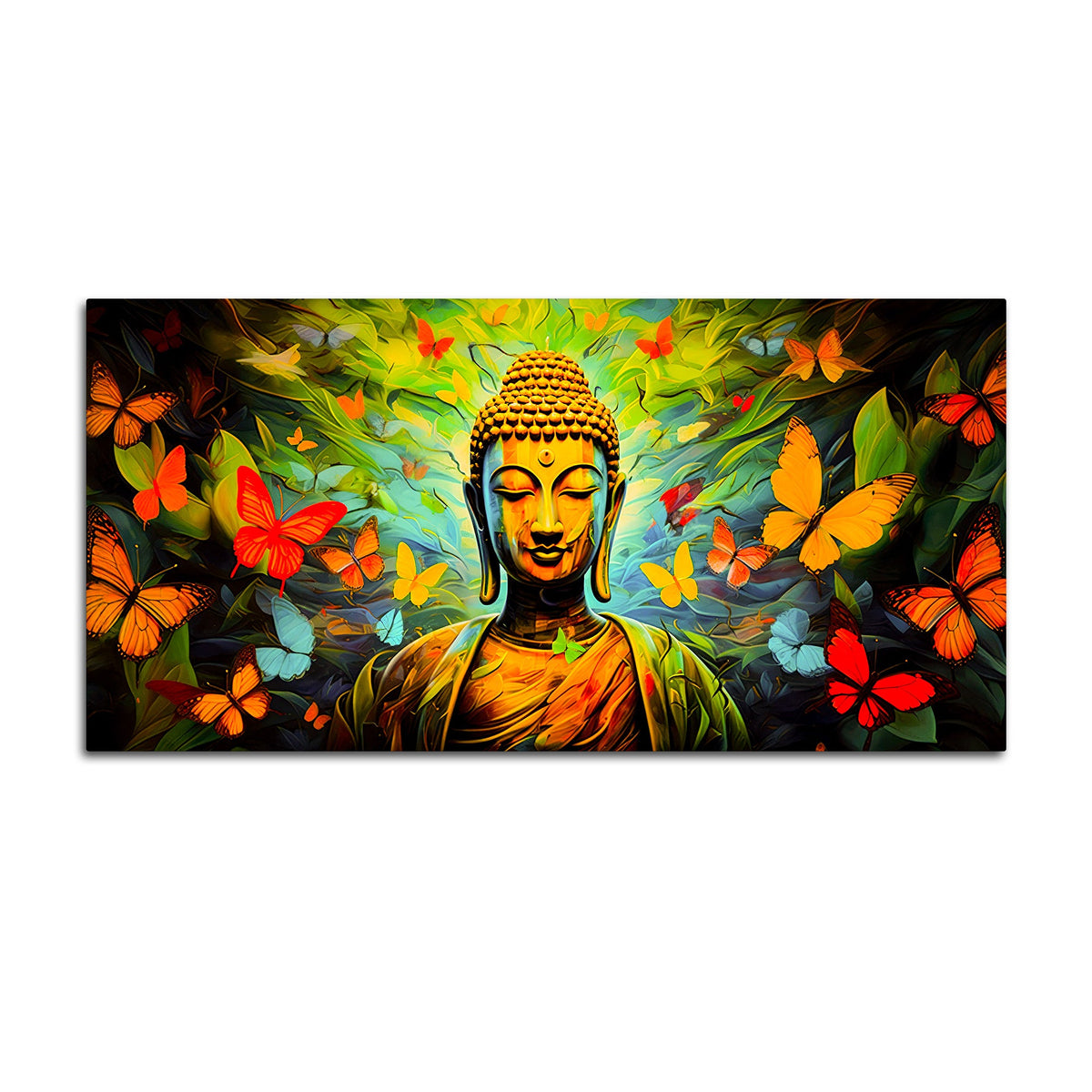 Divine Buddha Wall Painting with Butterfly & Green Nature Theme
