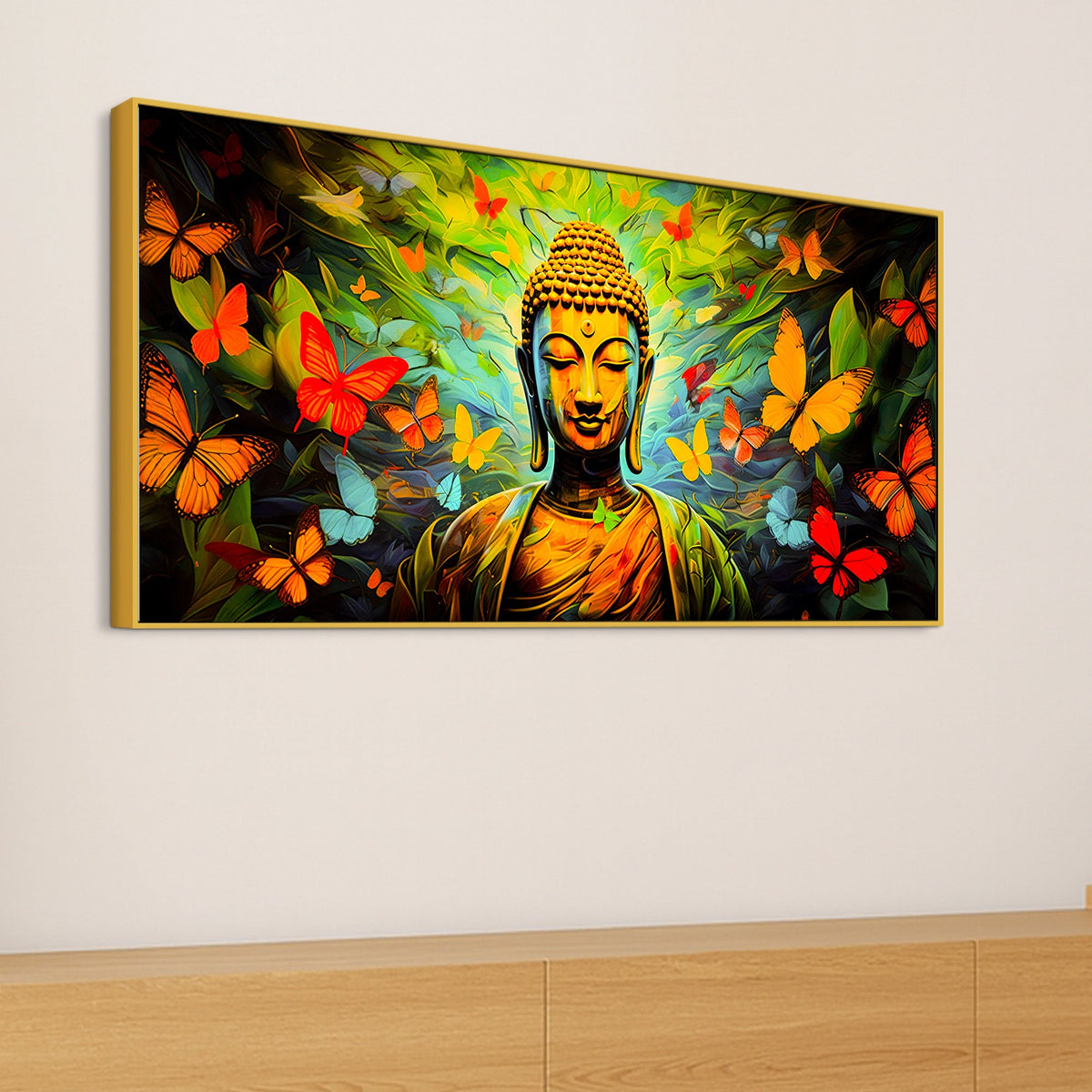 Divine Buddha Wall Painting with Butterfly & Green Nature Theme