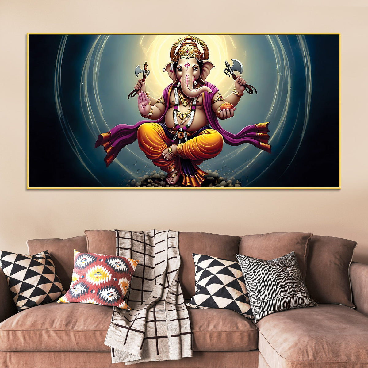 Divine Dancing Vighnaharta Ganpati Bappa Canvas Wall Painting for Home & Pooja Spaces – Modern Religious Wall Decor