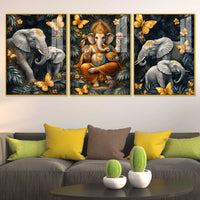 Divine Ganesha & Elephant Majesty Acrylic Floating Wall Painting Set of 3