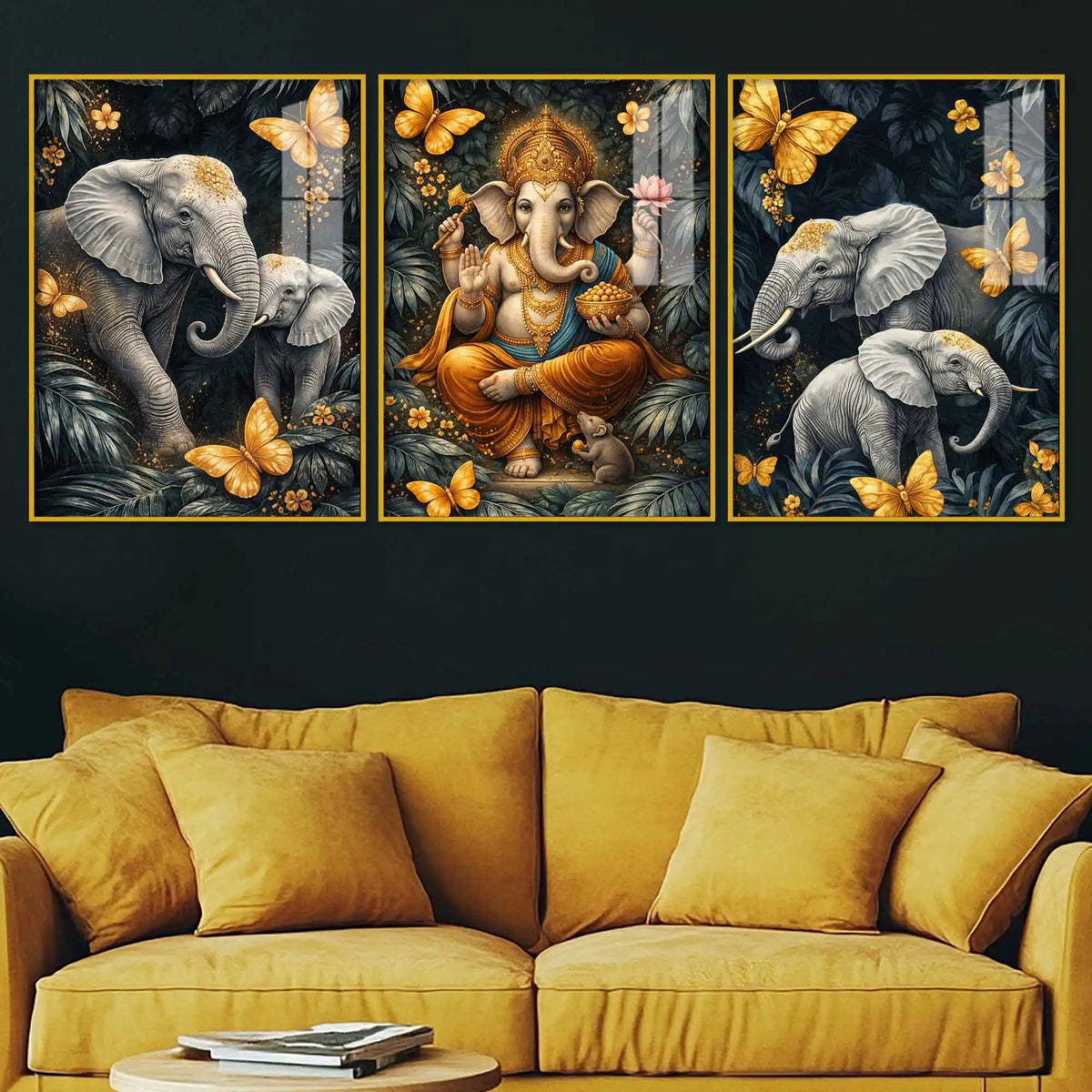Divine Ganesha & Elephant Majesty Acrylic Floating Wall Painting Set of 3