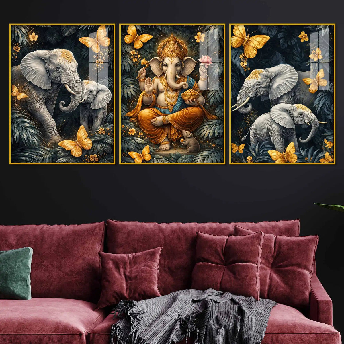 Divine Ganesha & Elephant Majesty Acrylic Floating Wall Painting Set of 3