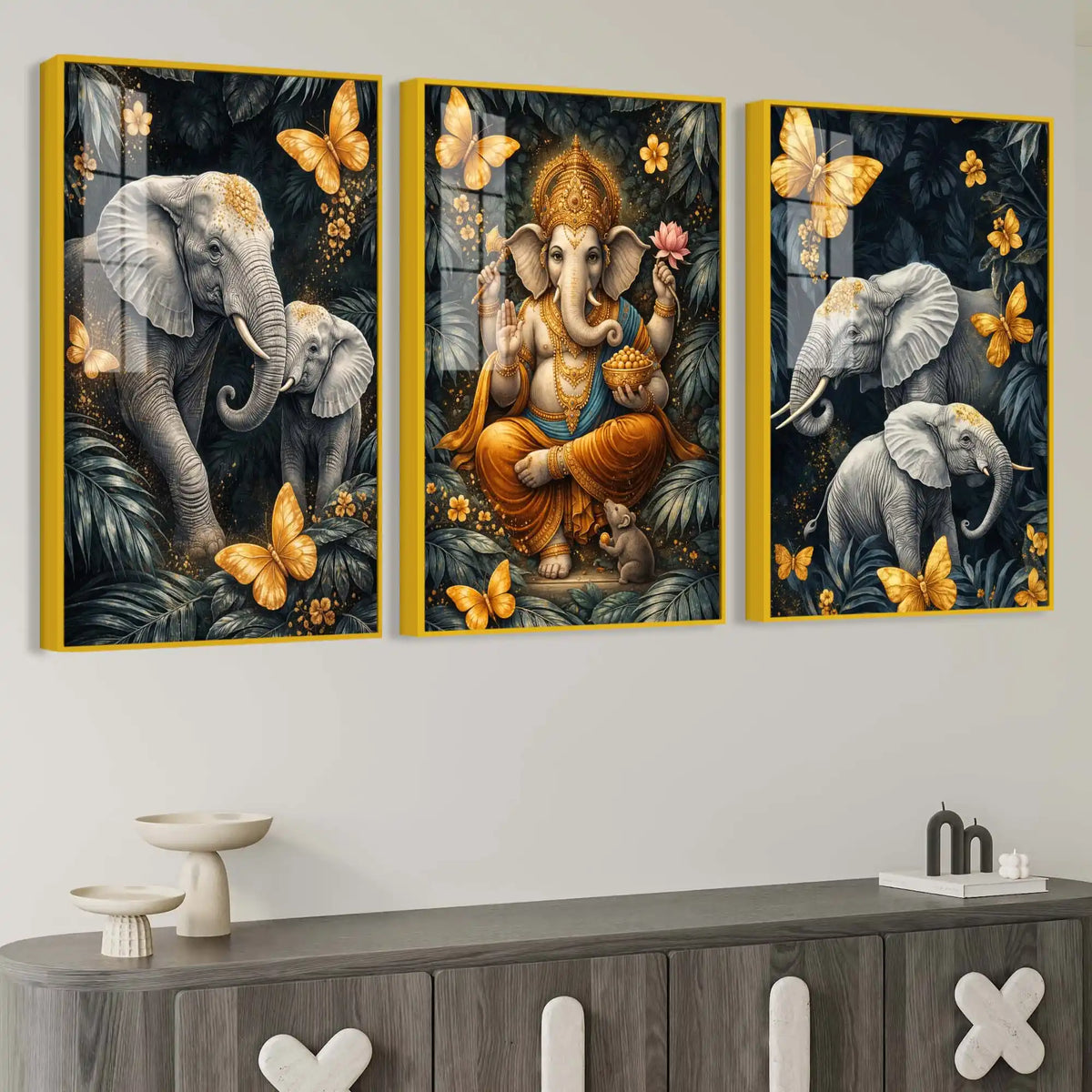 Divine Ganesha & Elephant Majesty Acrylic Floating Wall Painting Set of 3