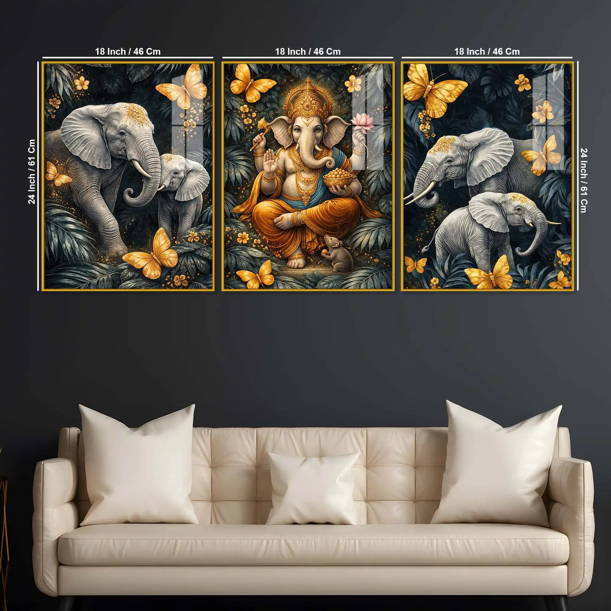 Divine Ganesha & Elephant Majesty Acrylic Floating Wall Painting Set of 3