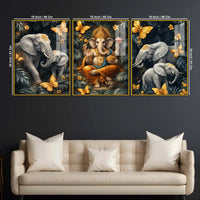 Divine Ganesha & Elephant Majesty Acrylic Floating Wall Painting Set of 3