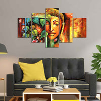 Divine Gautama Buddha Face Premium Frame Wall Painting of Five Pieces