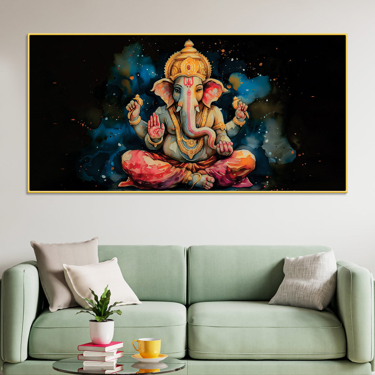 Divine God Lord Ganesha Meditating in Dark Abstract Canvas Wall Painting for Home & Office Wall Decor