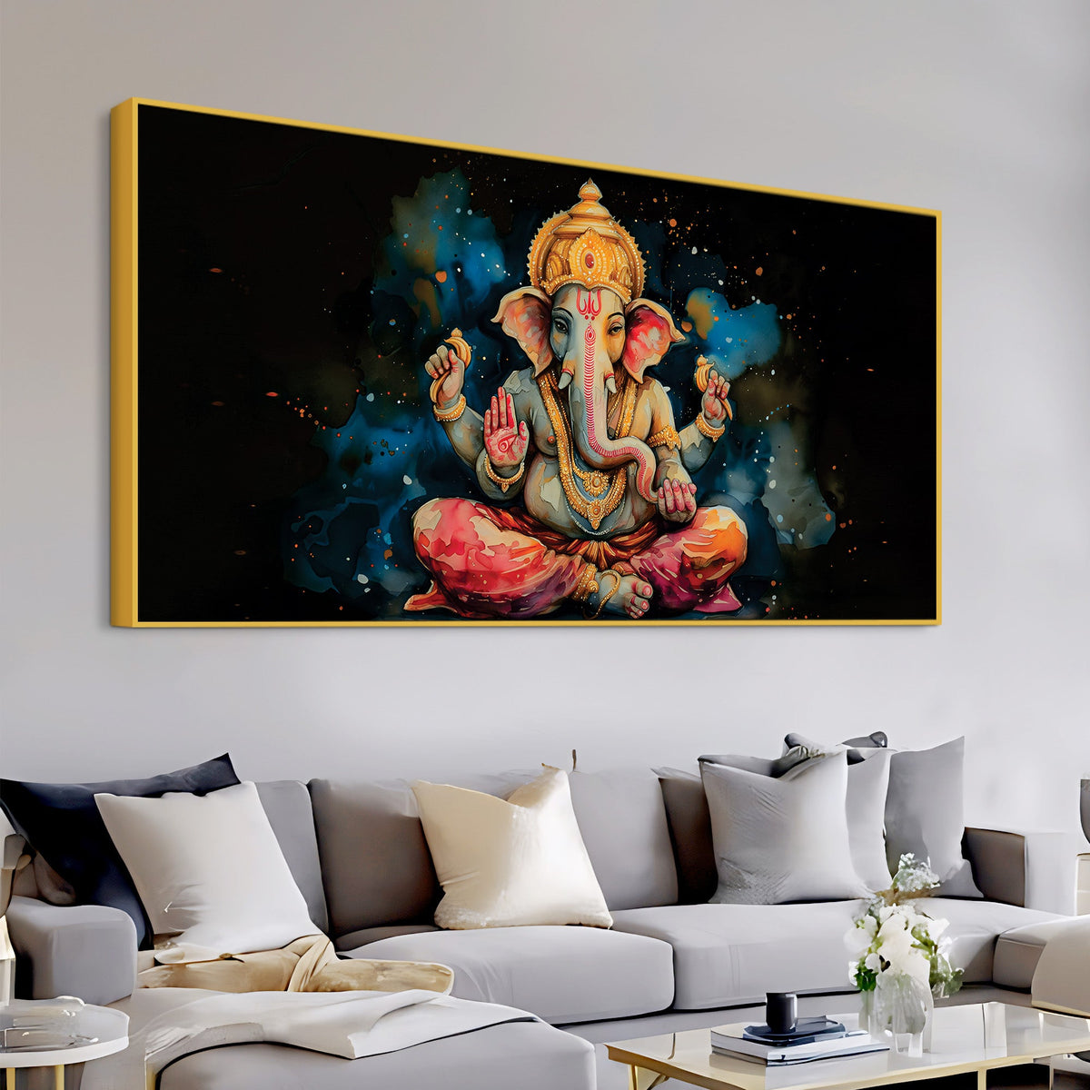 Divine God Lord Ganesha Meditating in Dark Abstract Canvas Wall Painting for Home & Office Wall Decor