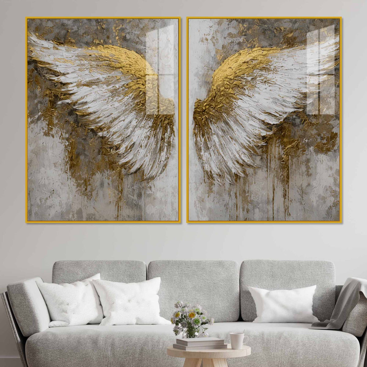 Divine Golden Angel Wings Acrylic Floating Wall Painting Set of 2