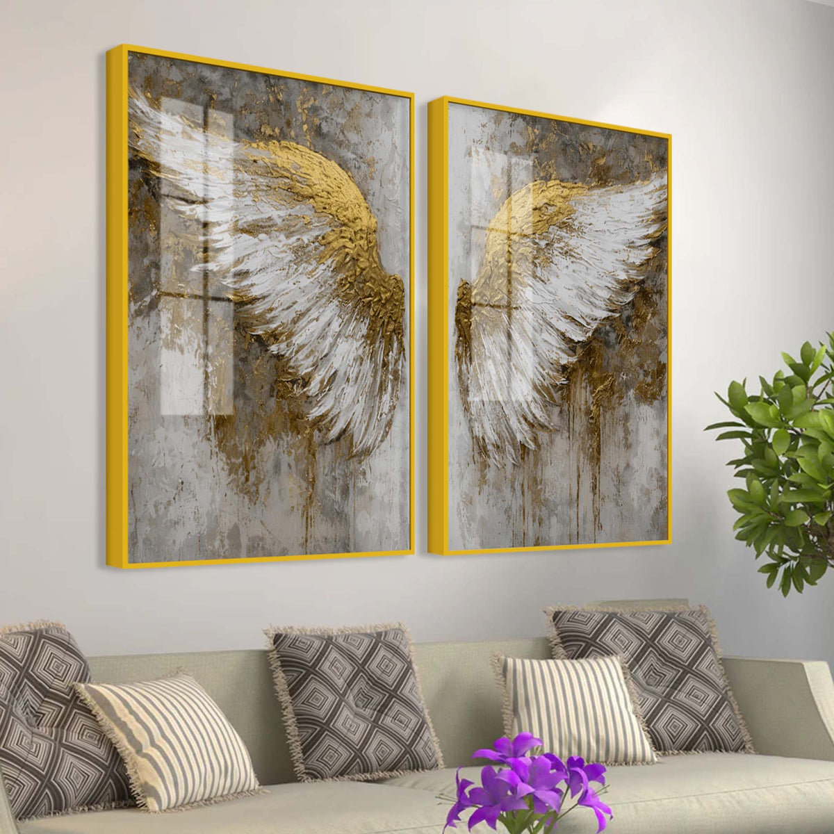 Divine Golden Angel Wings Acrylic Floating Wall Painting Set of 2