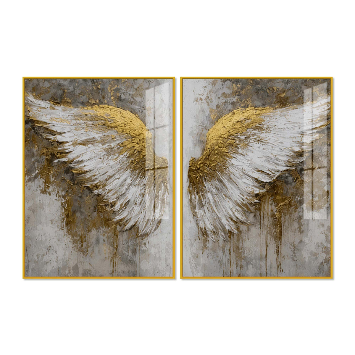 Divine Golden Angel Wings Acrylic Floating Wall Painting Set of 2
