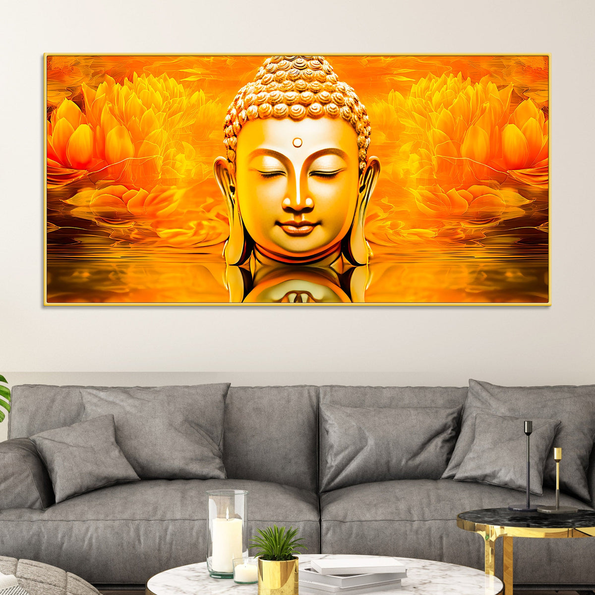 Divine Golden Buddha Lotus Canvas Painting for Peaceful Modern Home Décor