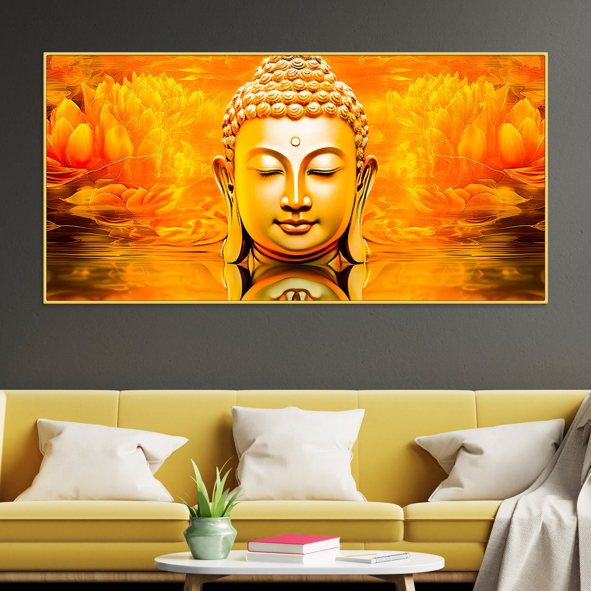 Divine Golden Buddha Lotus Canvas Painting for Peaceful Modern Home Décor
