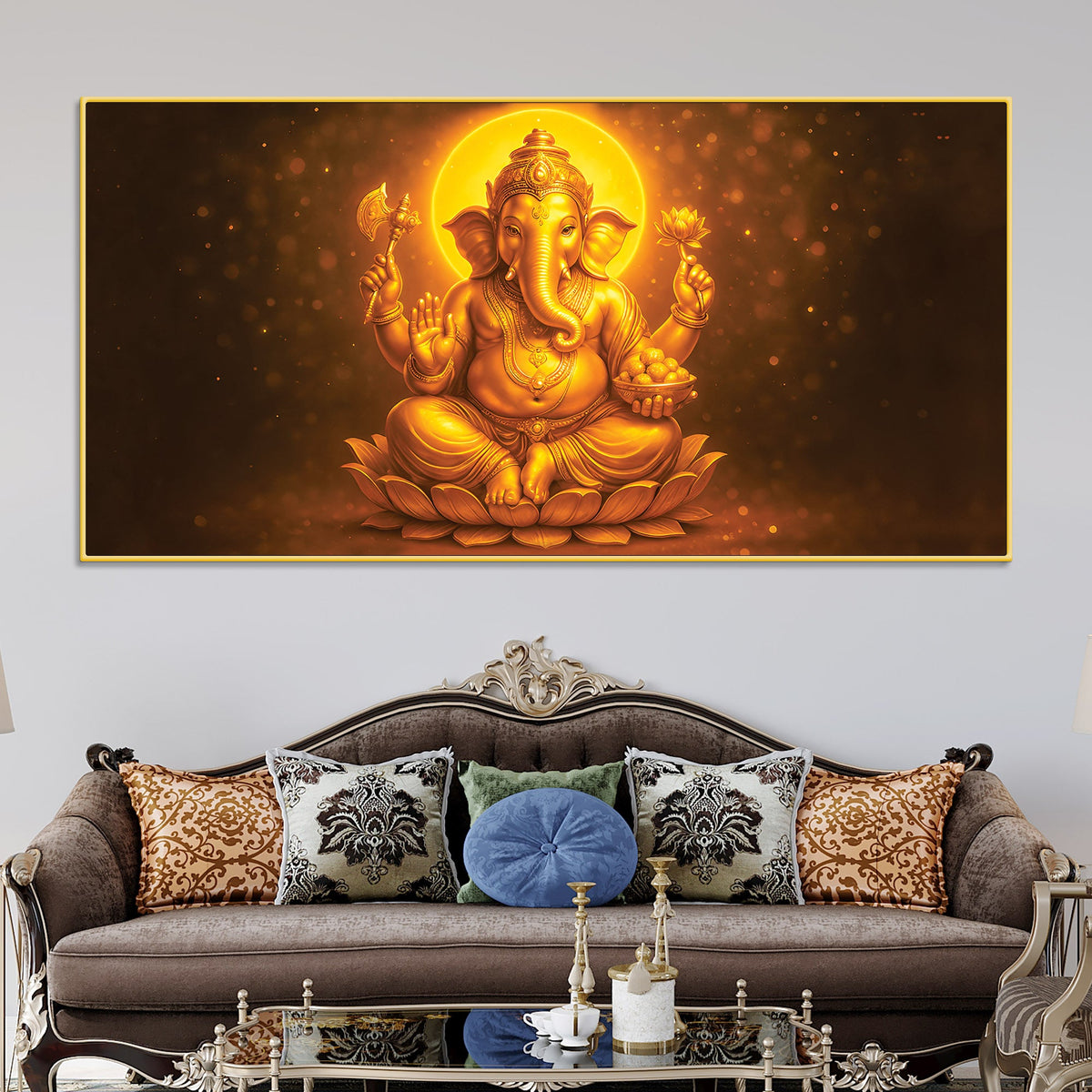 Divine Golden Ganpati Canvas Wall Painting for Home & Pooja Spaces – Modern Spiritual Wall Decor