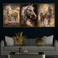 Divine Golden Stallions Under Starry Cosmos Floating Frame Crystal Wall Painting Set of 3
