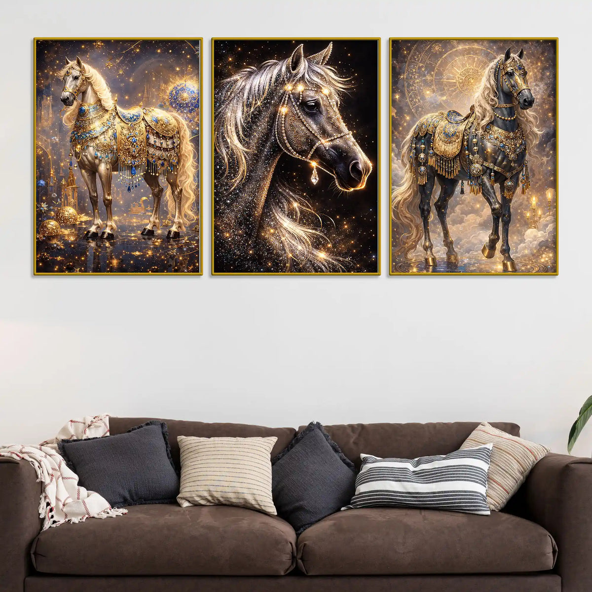 Divine Golden Stallions Under Starry Cosmos Floating Frame Crystal Wall Painting Set of 3