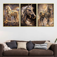 Divine Golden Stallions Under Starry Cosmos Floating Frame Crystal Wall Painting Set of 3