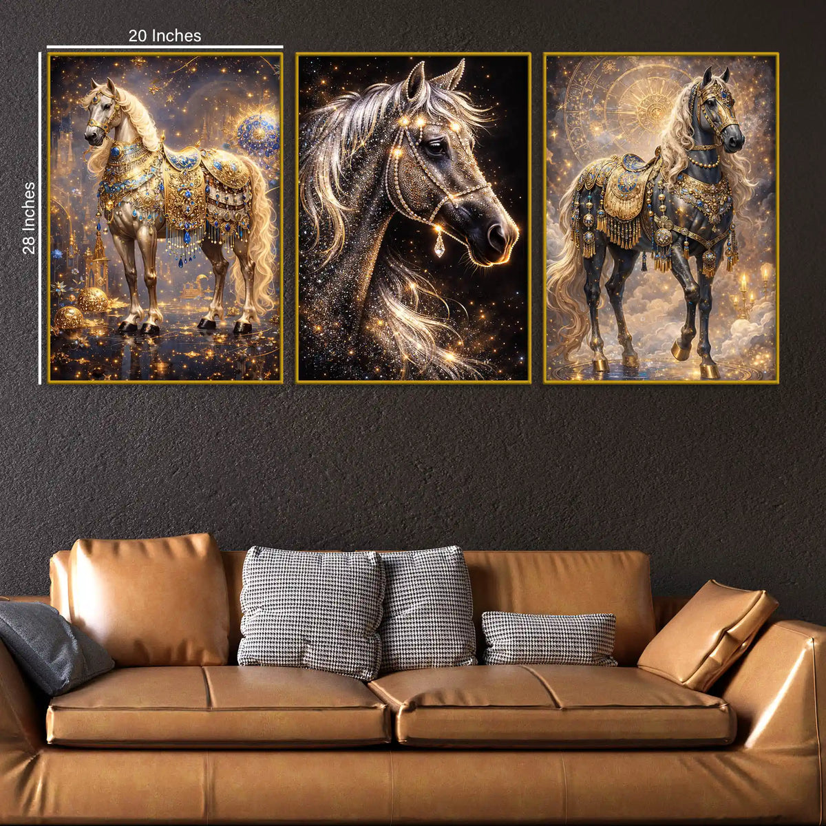 Divine Golden Stallions Under Starry Cosmos Floating Frame Crystal Wall Painting Set of 3