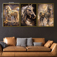 Divine Golden Stallions Under Starry Cosmos Floating Frame Crystal Wall Painting Set of 3