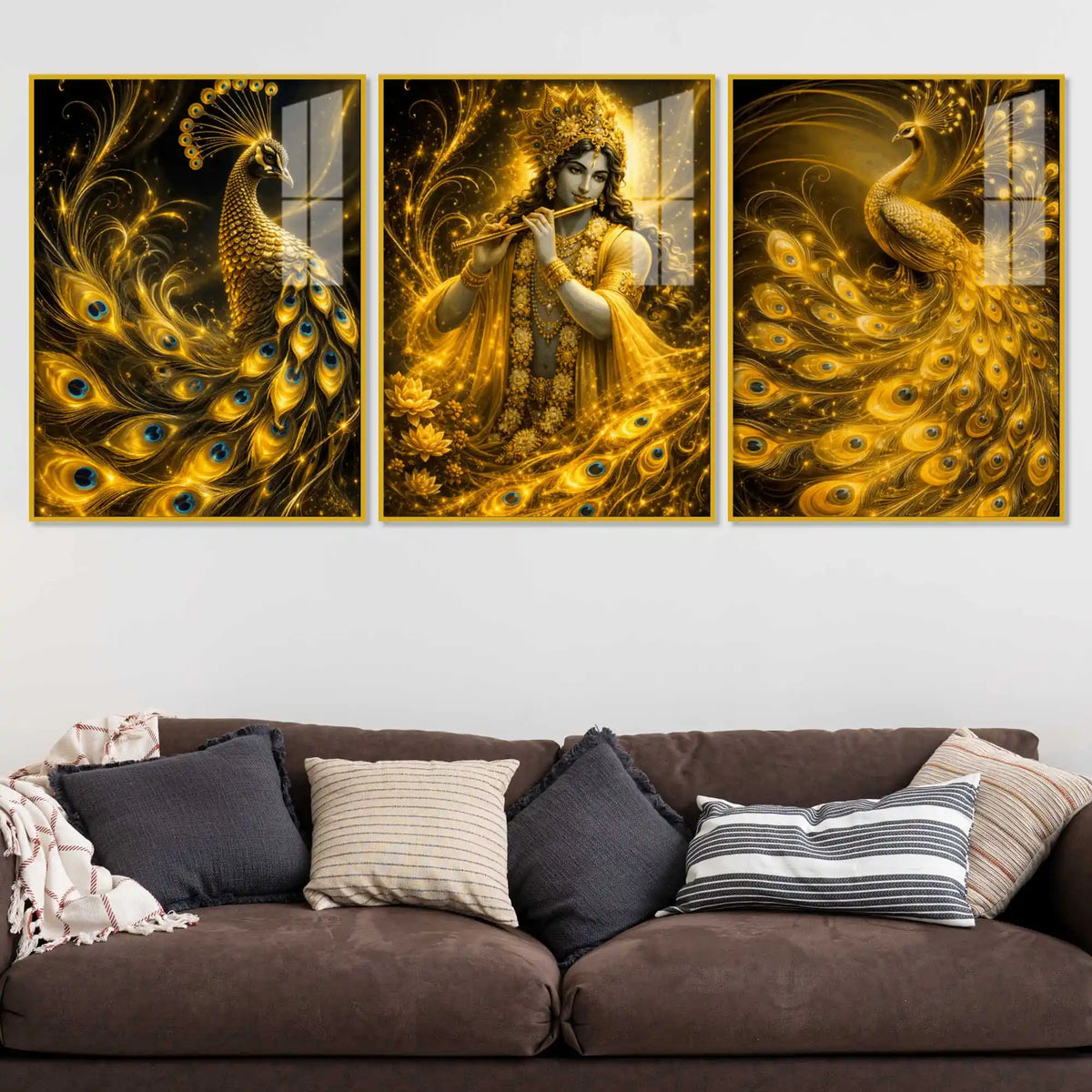 Divine Indian Krishna with Royal Peacock Acrylic Painting Set of 3
