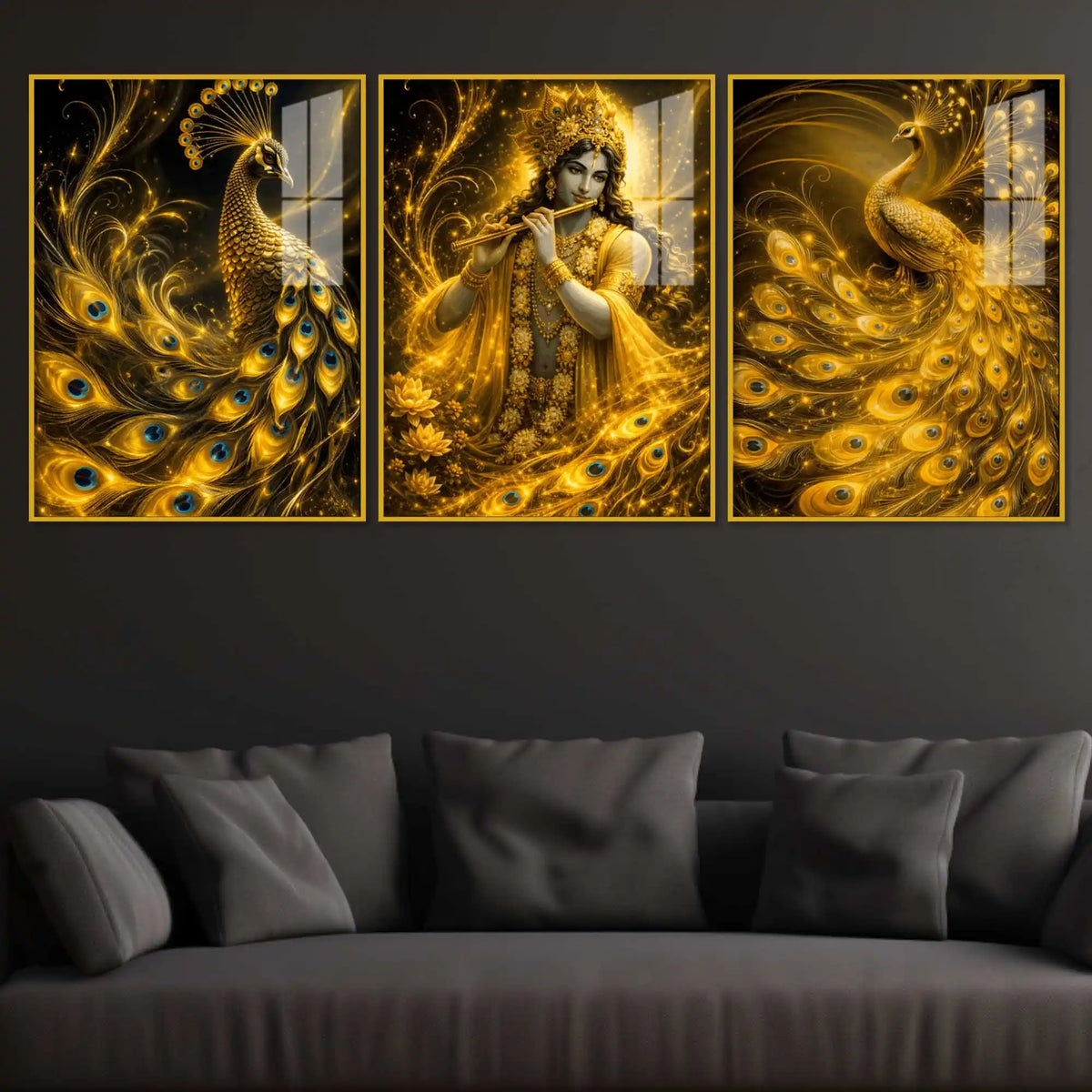 Divine Indian Krishna with Royal Peacock Acrylic Painting Set of 3
