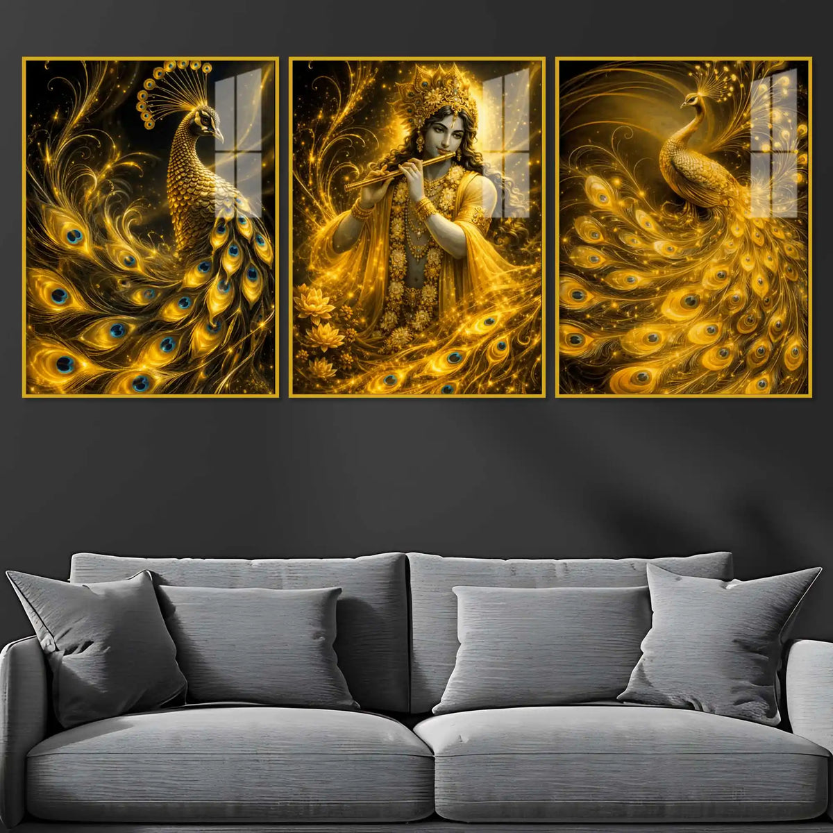 Divine Indian Krishna with Royal Peacock Acrylic Painting Set of 3