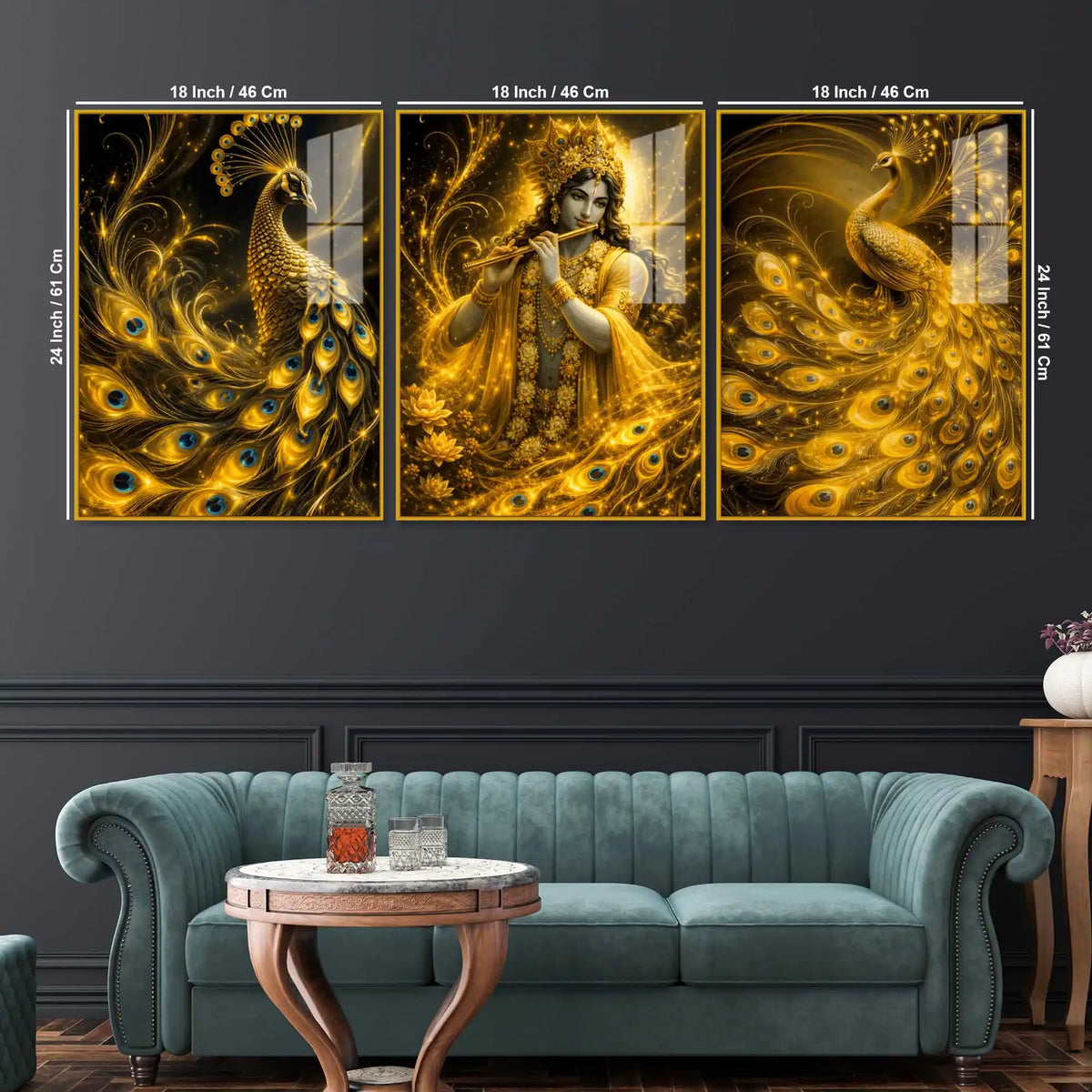 Divine Indian Krishna with Royal Peacock Acrylic Painting Set of 3