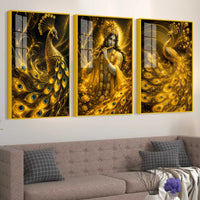 Divine Indian Krishna with Royal Peacock Acrylic Painting Set of 3