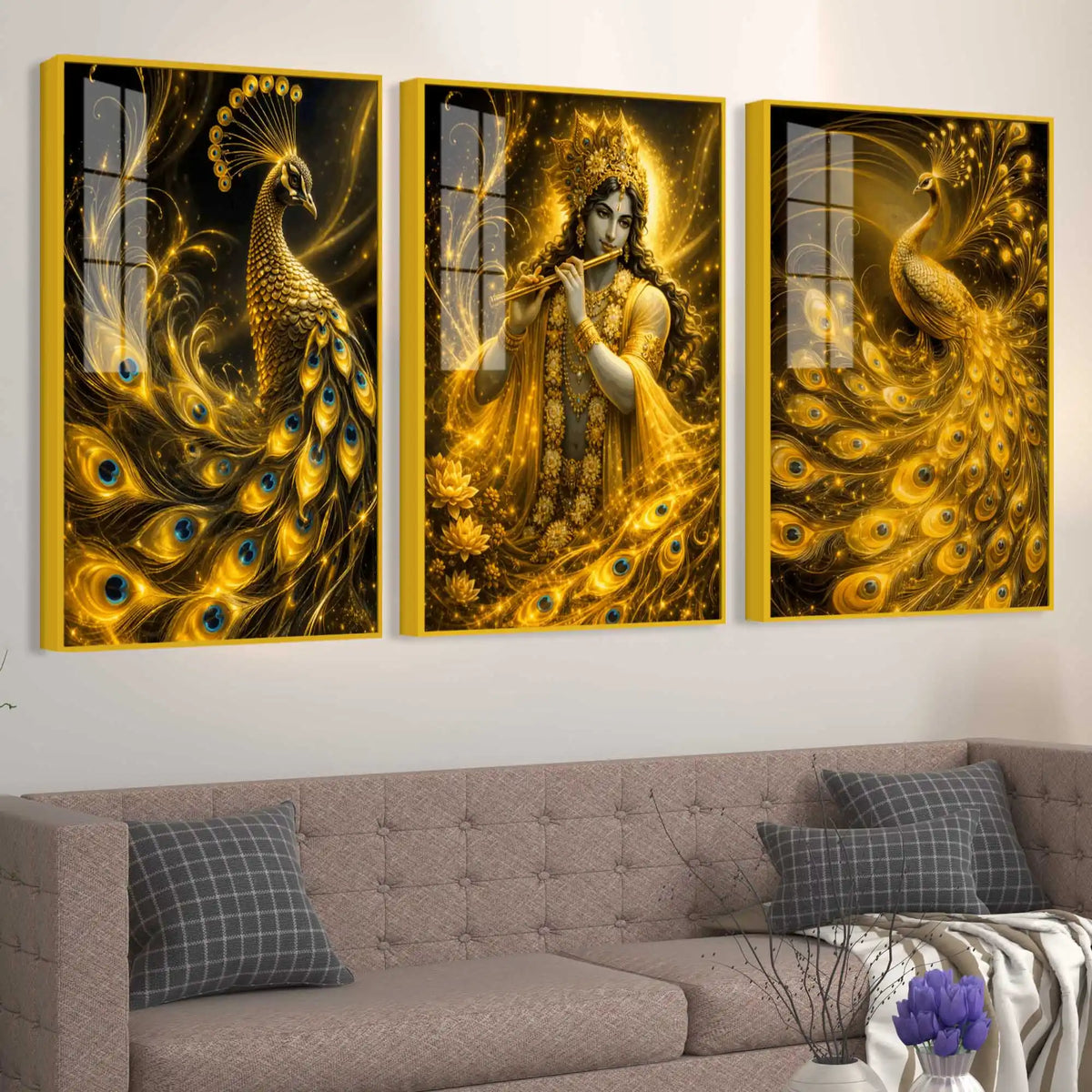 Divine Indian Krishna with Royal Peacock Acrylic Painting Set of 3