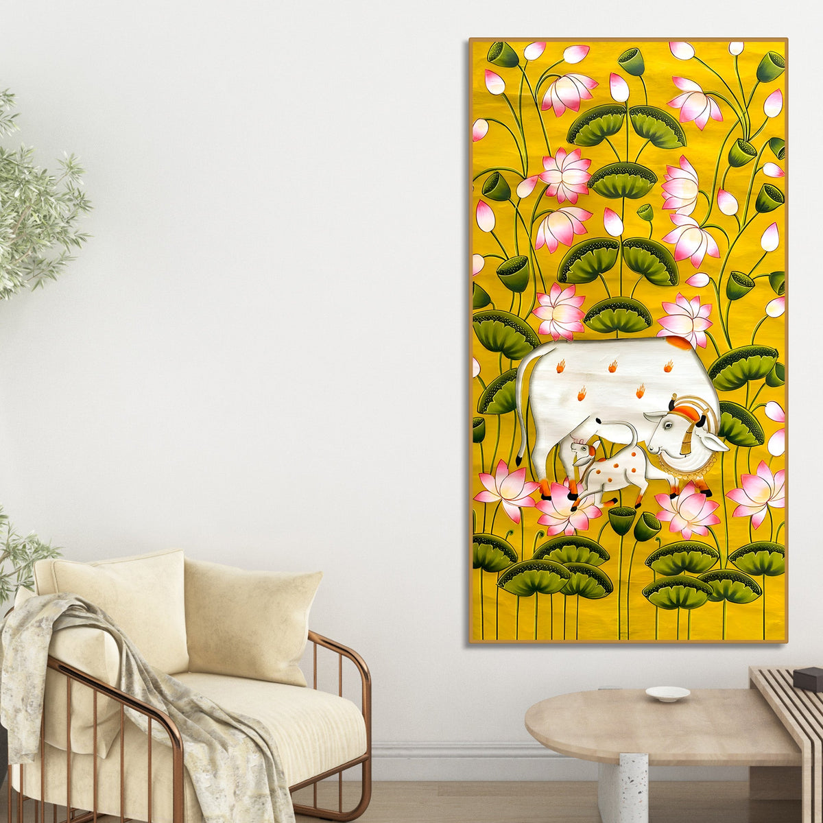 Divine Kamdhenu Cow Lotus Canvas Painting | Traditional Indian Wall Decor