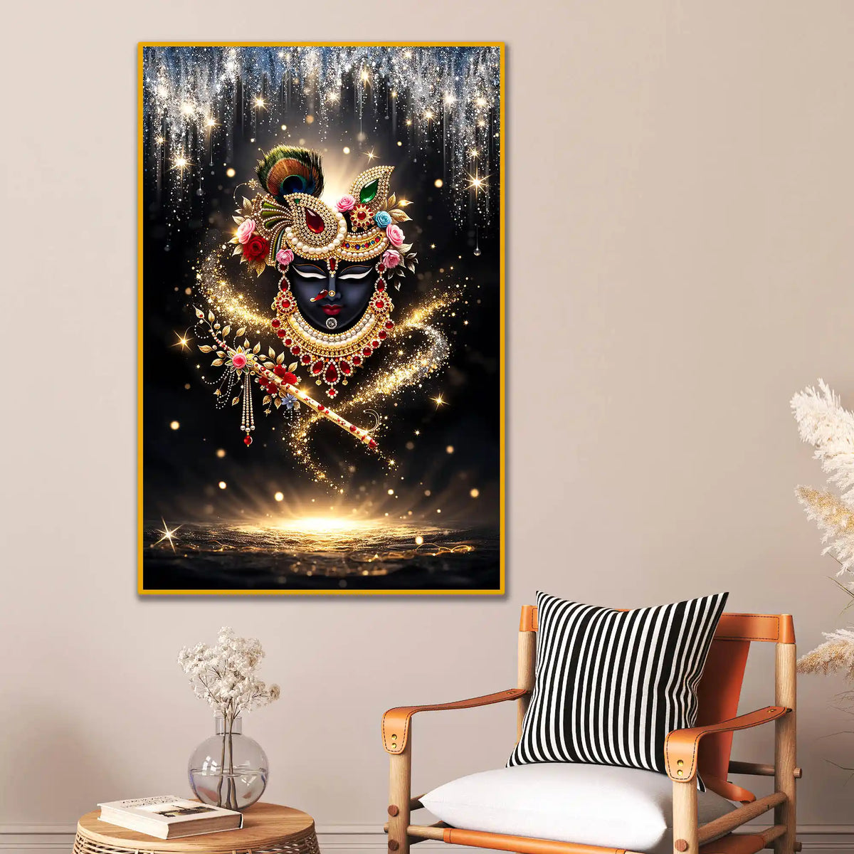 Divine Krishna Face with Flute Floating Frame Crystal Wall Painting