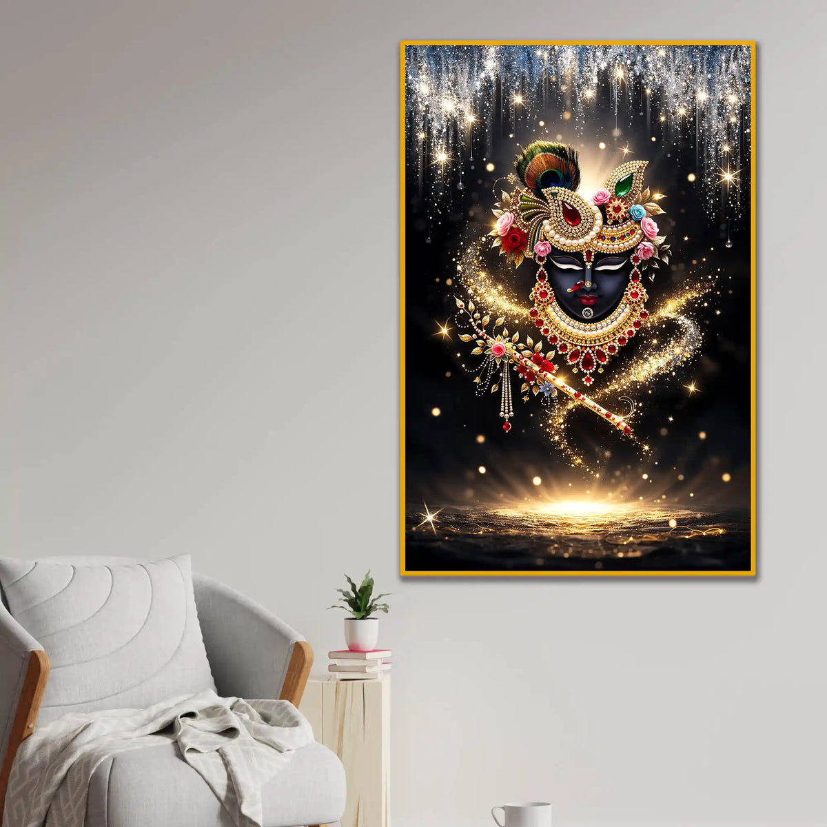 Divine Krishna Face with Flute Floating Frame Crystal Wall Painting