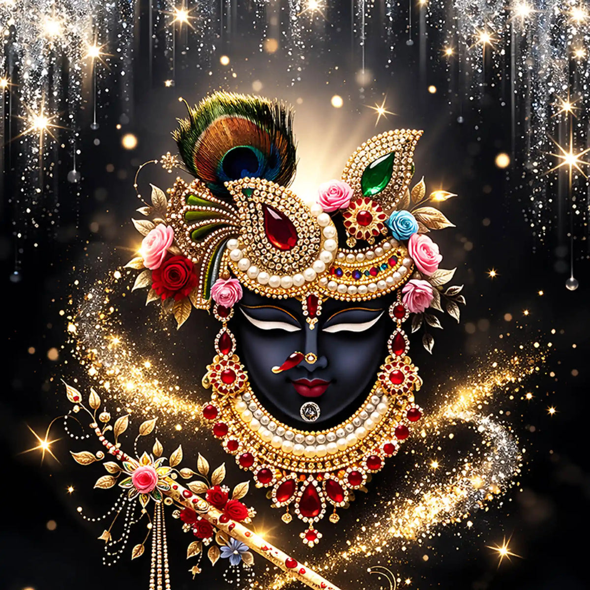 Divine Krishna Face with Flute Floating Frame Crystal Wall Painting