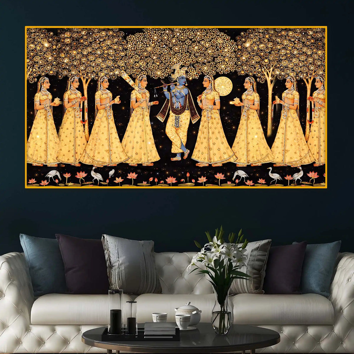 Divine Krishna Raas Scene Crystal Glass Wall Painting