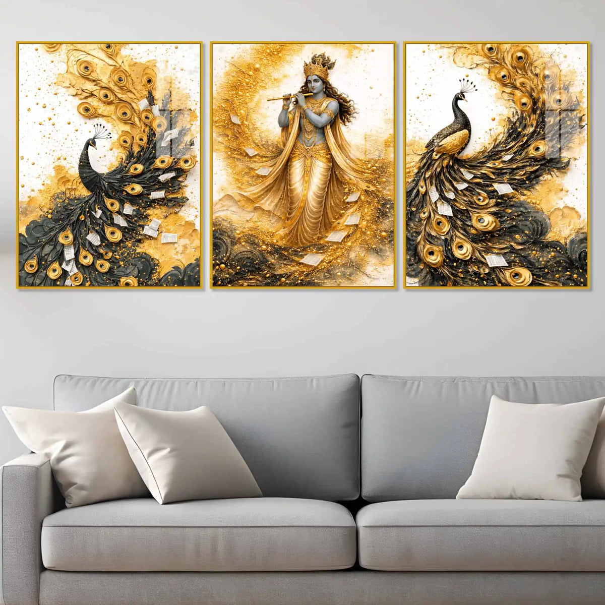 Divine Krishna with Peacock Floating Acrylic Painting Set of 3