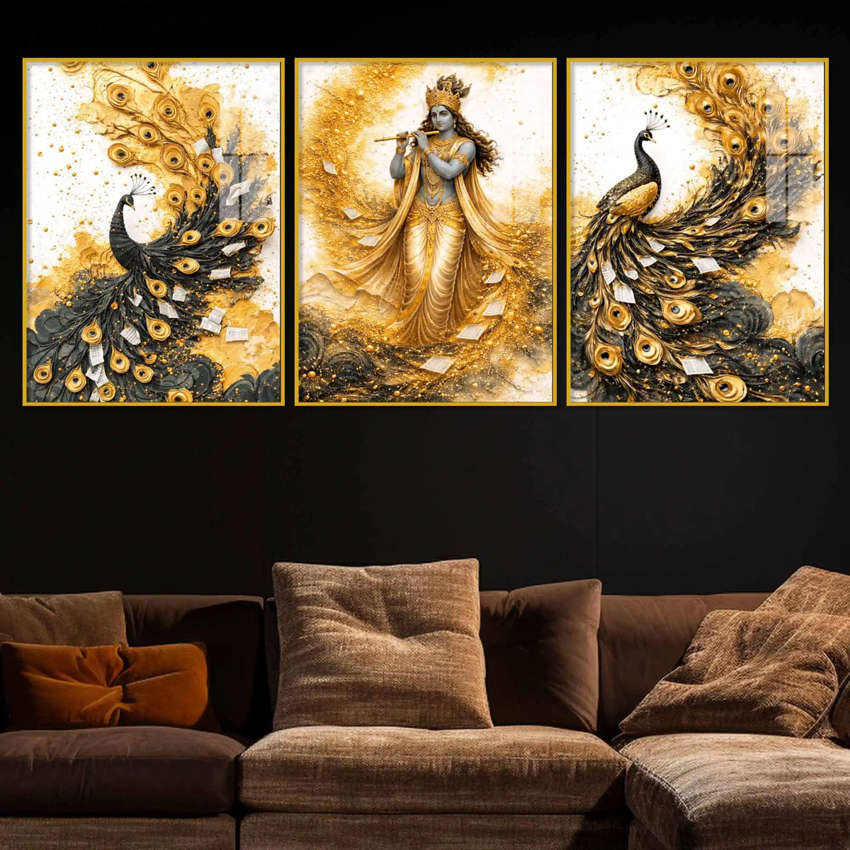 Divine Krishna with Peacock Floating Acrylic Painting Set of 3