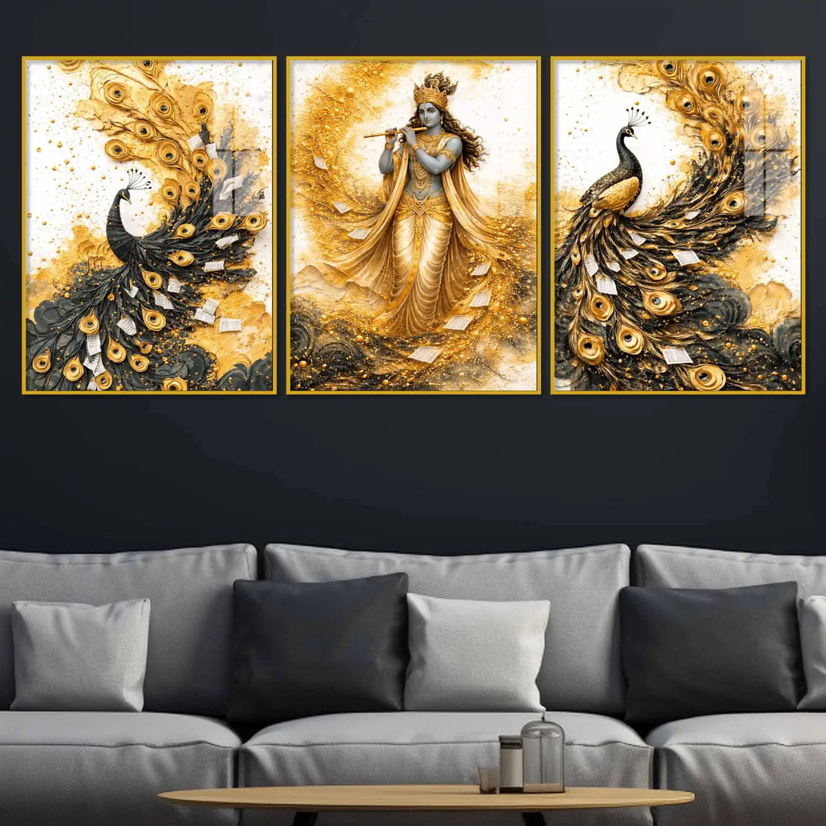 Divine Krishna with Peacock Floating Acrylic Painting Set of 3