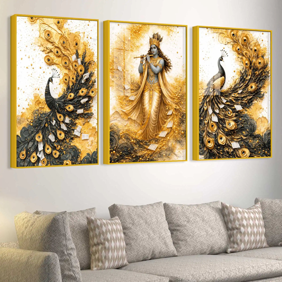 Divine Krishna with Peacock Floating Acrylic Painting Set of 3