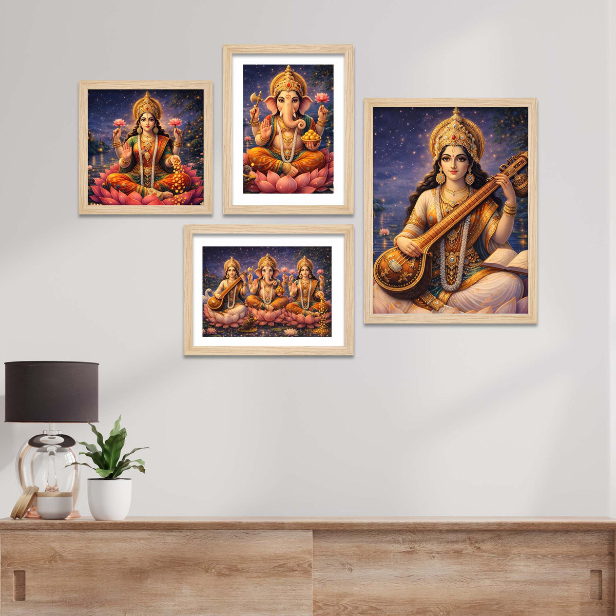 Divine Lakshmi Ganesha Saraswati Wall Frame Set of Four