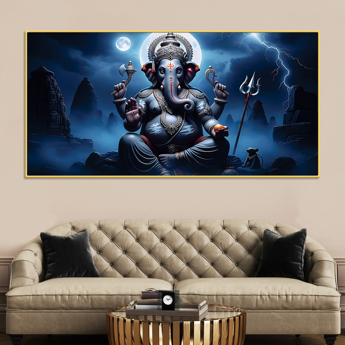 Divine Lord Ganesh with Trishool & Mooshak Dark Theme Canvas Wall painting for Home & Office Decor