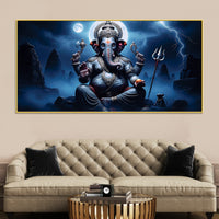 Divine Lord Ganesh with Trishool & Mooshak Dark Theme Canvas Wall painting for Home & Office Decor
