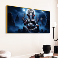 Divine Lord Ganesh with Trishool & Mooshak Dark Theme Canvas Wall painting for Home & Office Decor