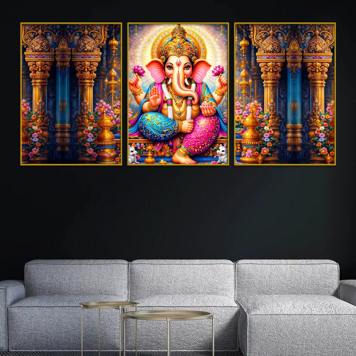 Divine Lord Ganesha with Lotus and Sacred Temple Floating Frame Crystal Wall Painting Set of 3