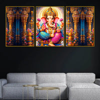 Divine Lord Ganesha with Lotus and Sacred Temple Floating Frame Crystal Wall Painting Set of 3