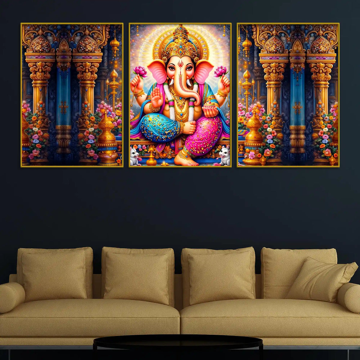 Divine Lord Ganesha with Lotus and Sacred Temple Floating Frame Crystal Wall Painting Set of 3