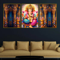 Divine Lord Ganesha with Lotus and Sacred Temple Floating Frame Crystal Wall Painting Set of 3